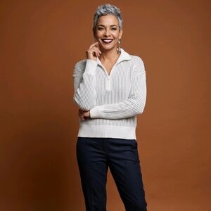 Ultra Flirt Cream & Light Gray Ribbed Half-Zip Pullover